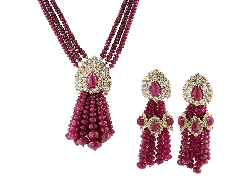 Drop Earrings with Crown Designs -Ruby and Diamond Tassel Earrings and Necklace Set in 18K