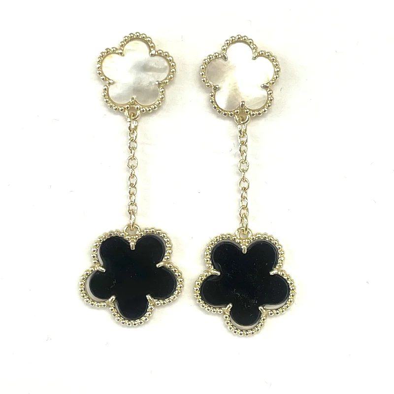 Clip On Drop Earrings for Non Pierced -Double Flower Mother Of Pearl And Onyx Earrings