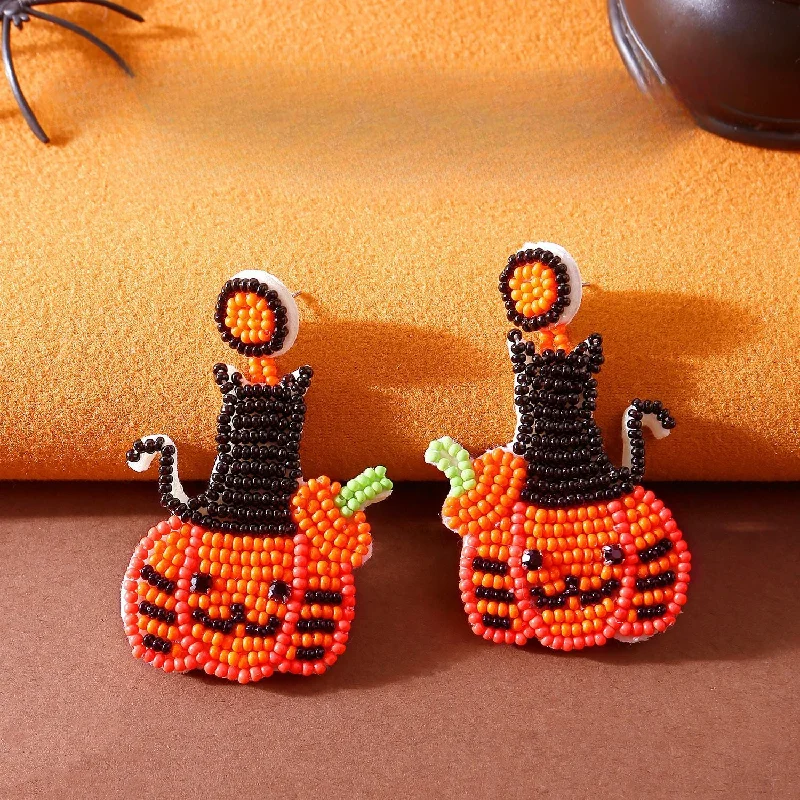 Drop Earrings for Everyday Glamour -Wholesale Halloween Handmade Beaded Cute Pumpkin Rice Bead Earrings