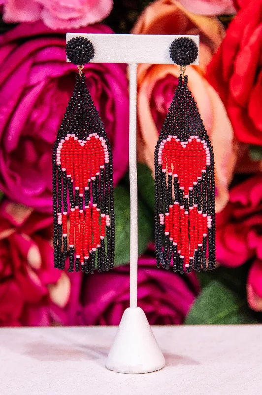 Drop Earrings with Wave Designs -Black/Red Heart Seed Beads Tassel Drop Earrings - EAR4205BK