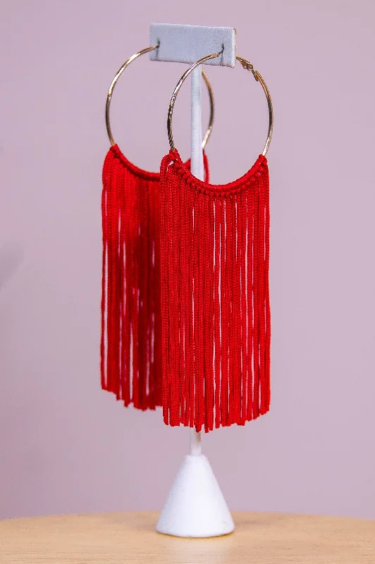 Drop Earrings with Abstract Designs -Long Red Tassel Gold Hoop Earrings - EAR4370RD