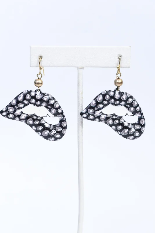 Bohemian Drop Earrings with Tassels -Black/White/Gray Lips and Teeth Earrings - EAR3289BK