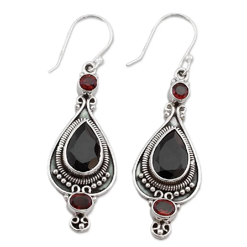 Crystal Drop Earrings for Sparkle -Sterling Silver 'Sparkling Midnight' Onyx Garnet Earrings