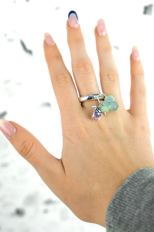 Sterling silver rings with vibrant turquoise stones -SALE! Mint Sea Glass and Turtle Cluster Ring