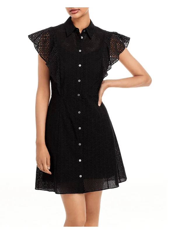 Indian Dresses with Intricacy -Womens Eyelet Flutter Sleeves Shirtdress