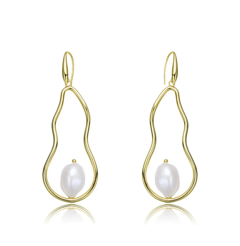 Heart Shaped Drop Earrings for Love -Stylish Sterling Silver 14k Gold Plated with Genuine Freshwater Pearl Elongated Dangling Earrings