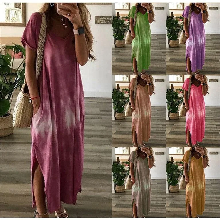 Modern Dresses for Trendy -Tie-dye Printed V-neck Pocket Long Dress