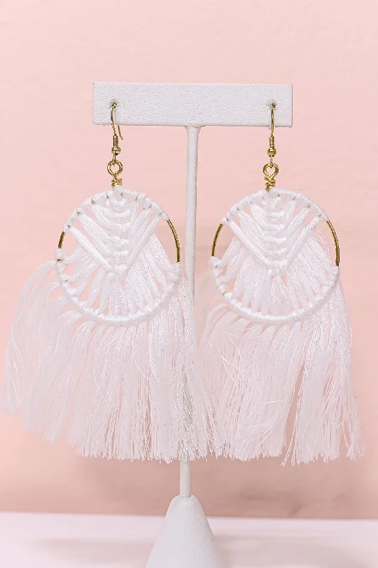 Drop Earrings with Symbolic Elements -White/Gold Woven Hoop Tassel Earrings - EAR3861WH