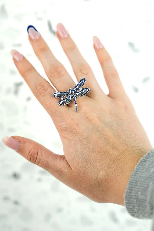 Rings with branch-inspired bands for organic -SALE! Silvertone Dot Trimmed Dragonfly Ring