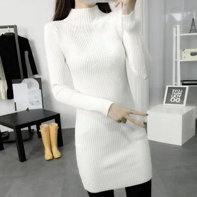 High-waisted Dresses for Flatter -winter dress dress Korean cultivating in the long section of semi solid high collar sleeve head bottoming sweaters