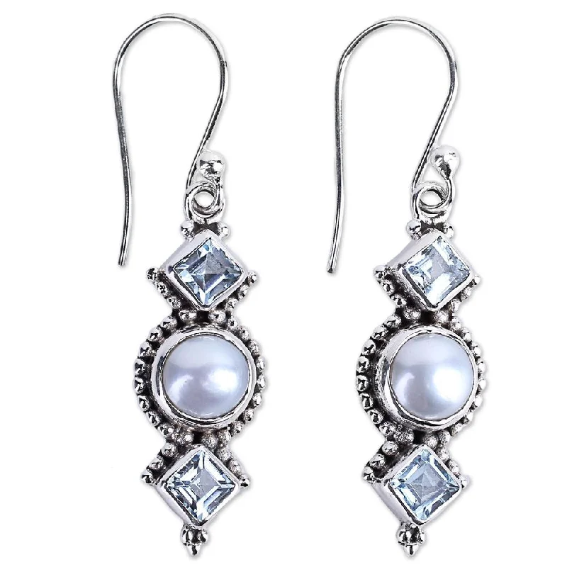 Drop Earrings for Anniversary -Sterling Silver 'Marine Allure' Cultured Pearl Blue Topaz Earrings