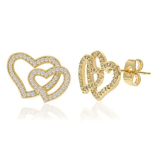 Rings with vintage-inspired rose-cut diamonds -Diamond Look Cubic Zirconia Micro Pave Double Heart Earring