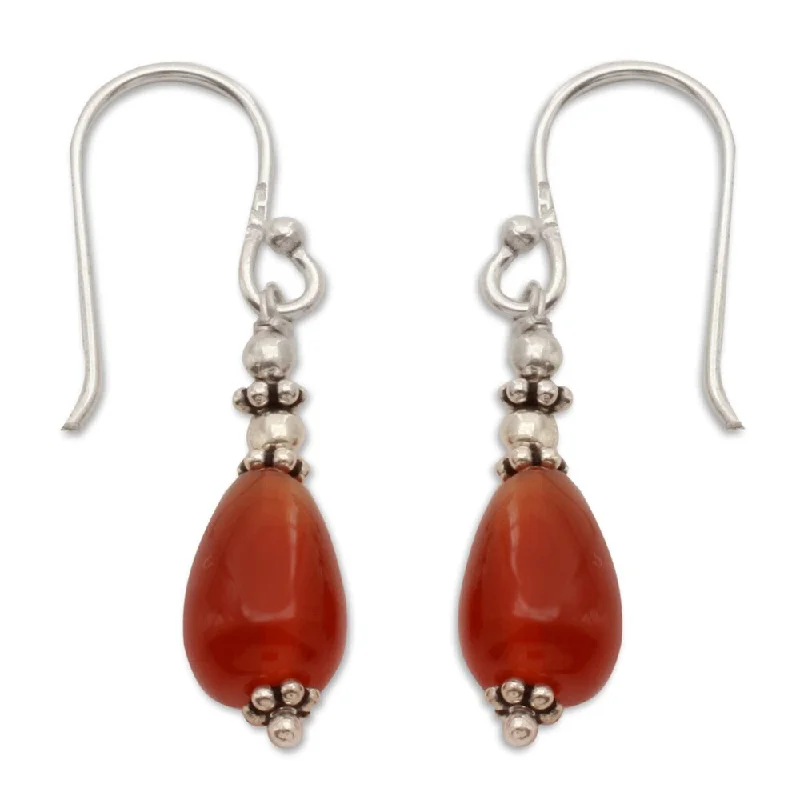 Small Drop Earrings for Delicate -Handmade Sterling Silver Fire Carnelian Earrings (India) - 1.5*0.3