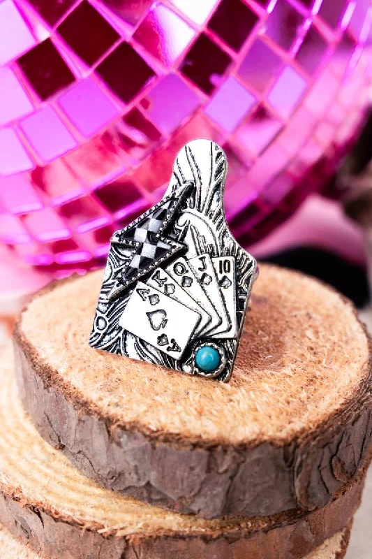 Rings with faceted aquamarine for sea glow -TIPI All In Royal Flush Cattle Tag Silvertone Cuff Ring