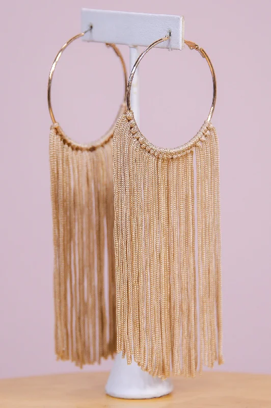 Heavy Duty Drop Earrings for Durability -Long Natural Tassel Gold Hoop Earrings - EAR4324NA