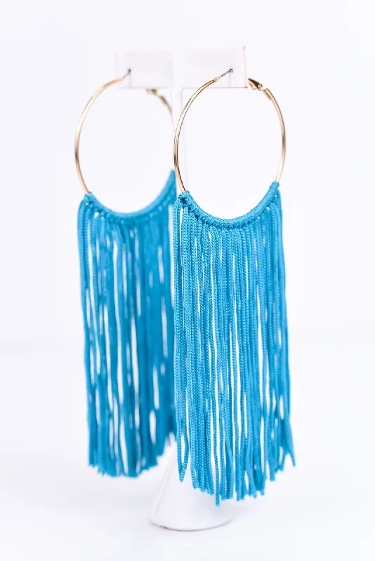 Drop Earrings for Shopping Trip -Long Turquoise Tassel Gold Hoop Earrings - EAR2311TU