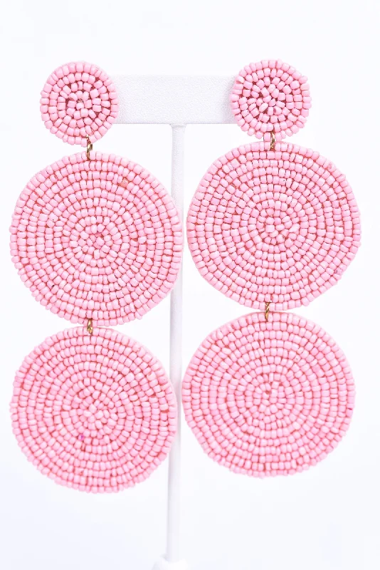 Clip On Drop Earrings for Non Pierced -Light Pink 3-Tier Seed Bead Earrings - EAR3023LPK