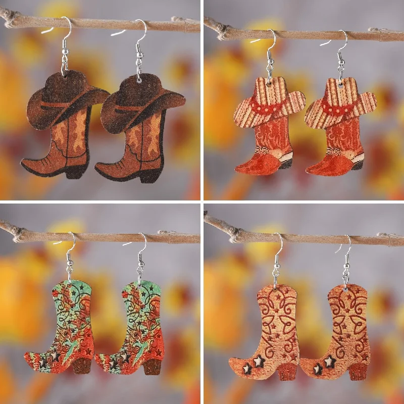 Drop Earrings for Wedding Ceremony -Wholesale Western Cowboy Boots Hat Pendant Double-Sided Printed Wooden Earrings