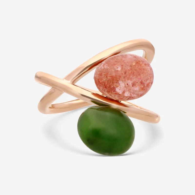 Rings with aventurine gems for green luck -SuperOro Meteo 18K Rose Gold Jade & Sunstone Ring Sz. 7 METEO/A741