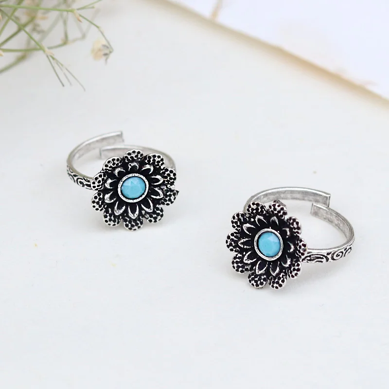 Rings with carved turquoise for artistic flair -Teejh Tishya Light Blue Stone Silver Oxidised Toe Rings