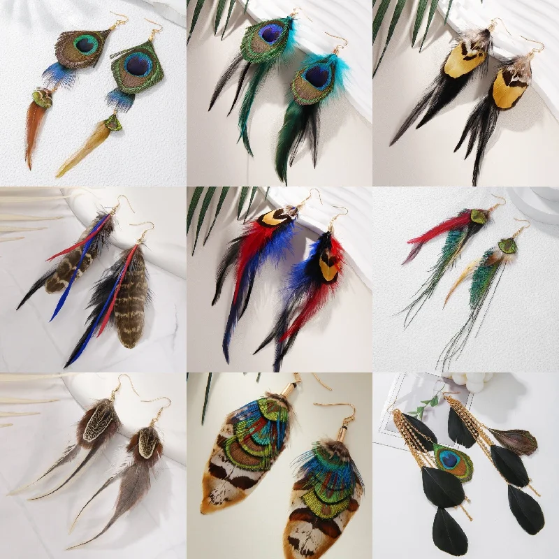 Crystal and Pearl Drop Earrings for Glamour -Wholesale Peacock Feather Bohemian Antique Tassel Earrings