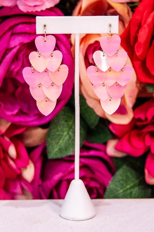 Adjustable Drop Earrings for Custom Fit -Pink Iridescent Heart Chandelier Earrings - EAR4453PK