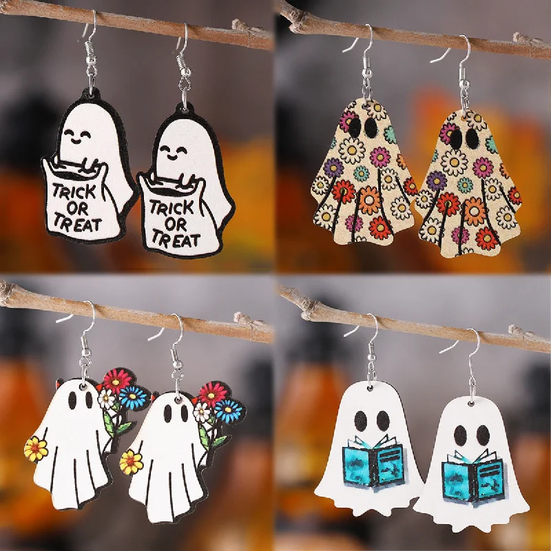 Drop Earrings for Fitness Activities -Wholesale Halloween Gothic Style Cute Ghost Flower Book Pocket Ghost Pendant Wooden Double-sided Earrings