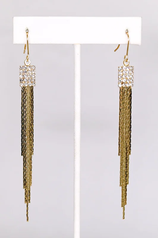 Drop Earrings for Valentine's Day -Gold Snake Chain Fringe/Bling Earrings - EAR3929GO