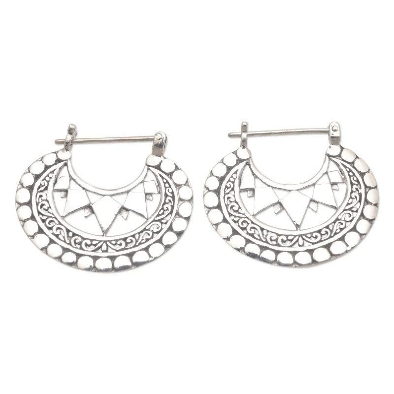 Drop Earrings with Symbolic Elements -NOVICA Sharp Curves, Sterling silver hoop earrings - 1