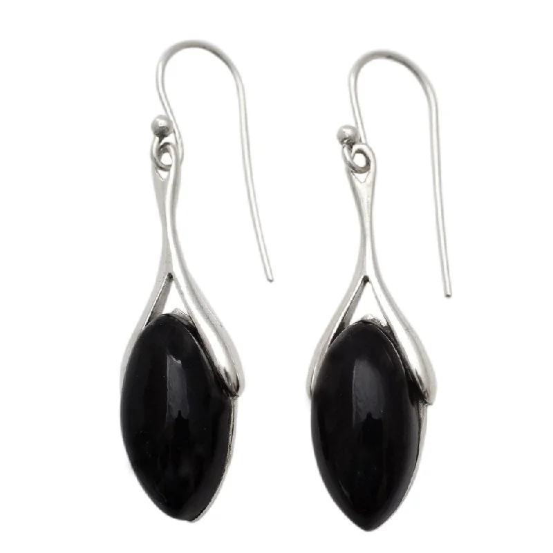 Drop Earrings for Valentine's Day -Handmade Sterling Silver 'Bone' Onyx Earrings (India)