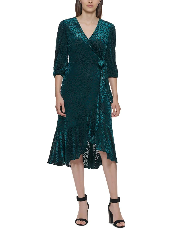 Vintage Dresses for Nostalgia -Petites Womens Velvet Burnout Mid-Calf Wrap Dress