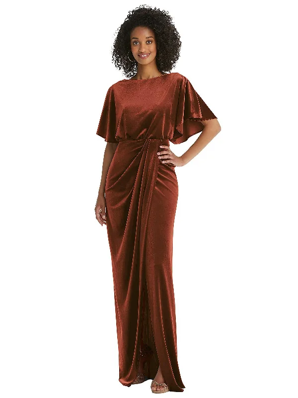 Short-sleeved Dresses for Summer -Flutter Sleeve Open-Back Velvet Maxi Dress with Draped Wrap Skirt