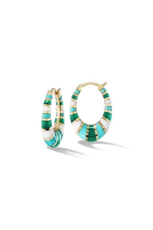 Drop Earrings for Office Wear -MINI CHUNKY INLAY GREEN WHITE HOOP EARRINGS