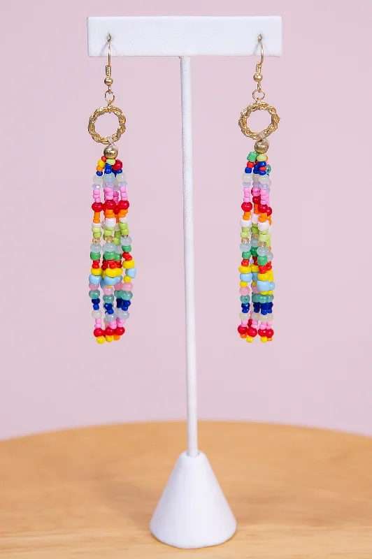 Drop Earrings with Etched Designs -Gold/Multi Color Circle/Seed Bead Tassel Drop Earrings - EAR4285MU