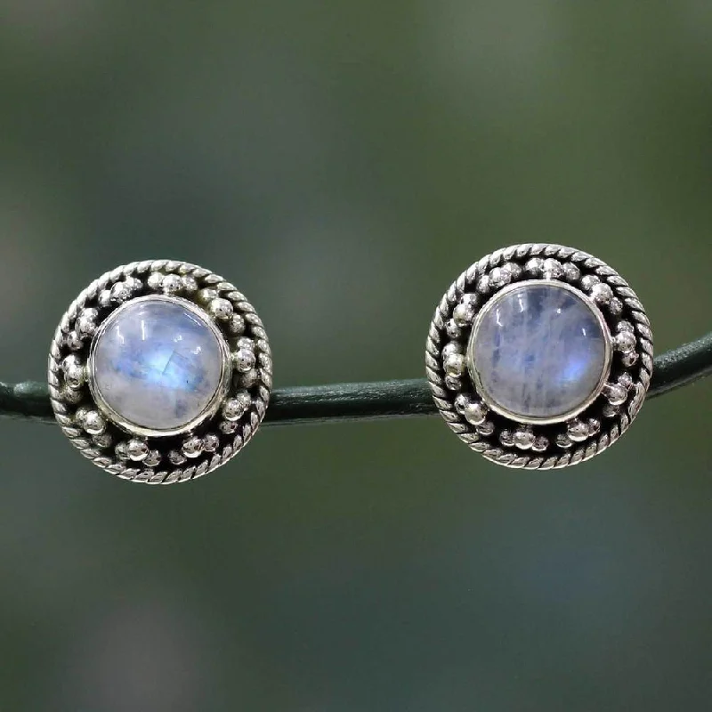 Ethnic Drop Earrings with Tribal Design -Sterling Silver 'Lavish Moons' Rainbow Moonstone Earrings (India)