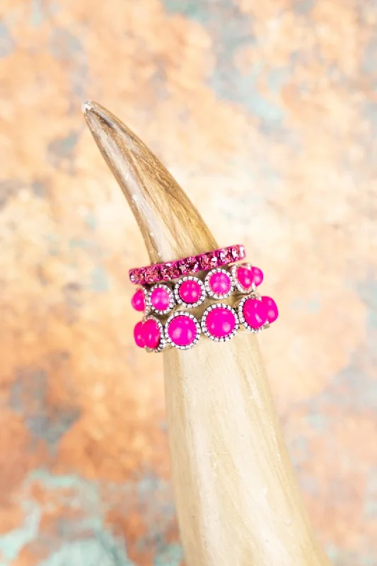 Rings with pink sapphire for delicate charm -Silvertone Rhinestone and Hot Pink Stretch Ring Set