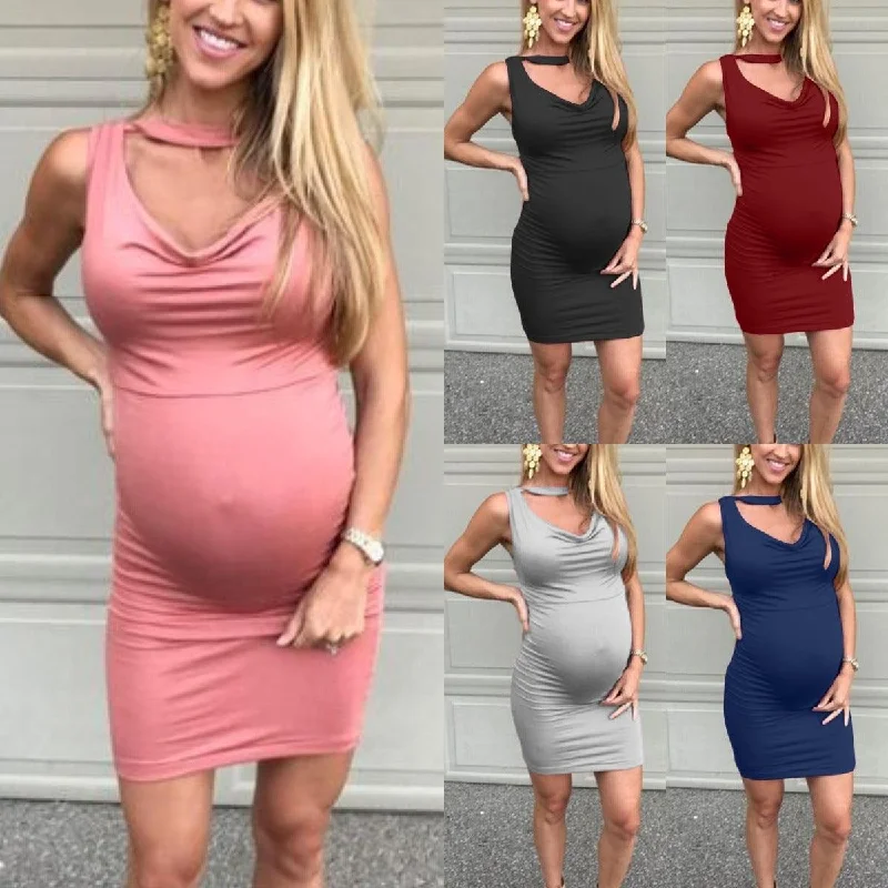 Mother's Day Dresses for Gift -V-neck sleeveless vest solid color maternity dress