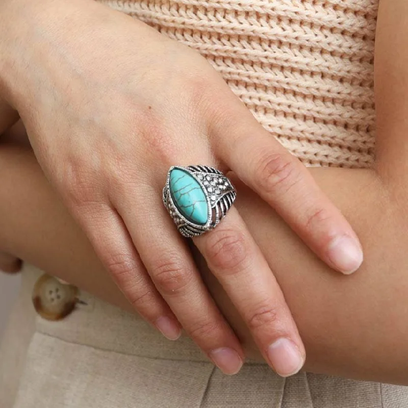 Rings with black diamond for striking contrast -Classic Marquise Adjustable Turquoise Ring | Western Inspired Diamond Shaped Fashion Jewelry