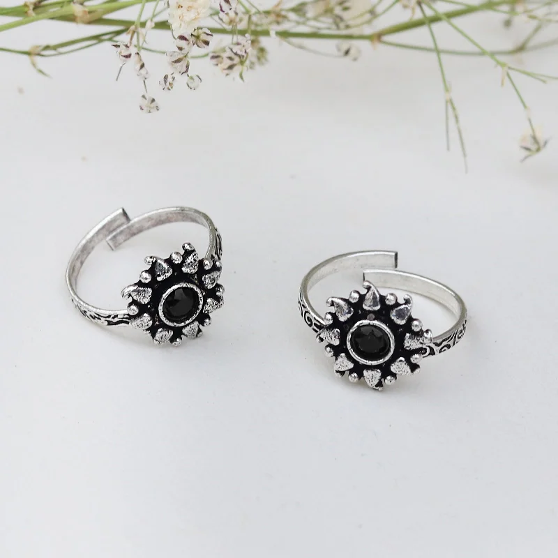 Rings with rose quartz for soft romance -Teejh Miraya Black Stone Silver Oxidised Toe Rings