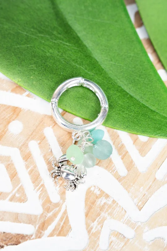 Titanium rings with rugged brushed metal look -SALE! Mint Sea Glass and Crab Cluster Ring