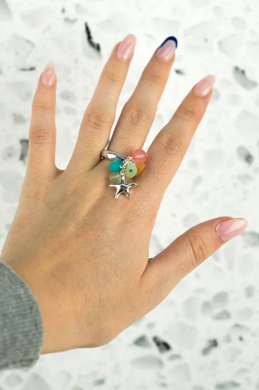 Vintage rings with engraved floral band designs -SALE! Multi-Color Sea Glass and Starfish Cluster Ring