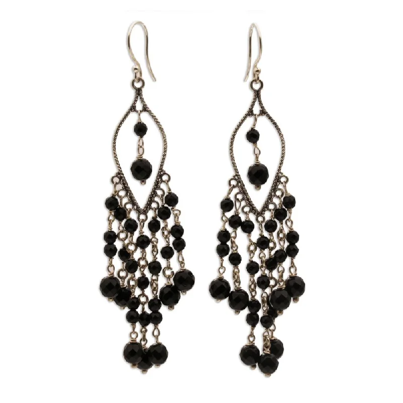 Push Back Drop Earrings for Convenience -Onyx Chandelier Earrings, 'Shadow Drops' (Indonesia) - 3.2L0.6W