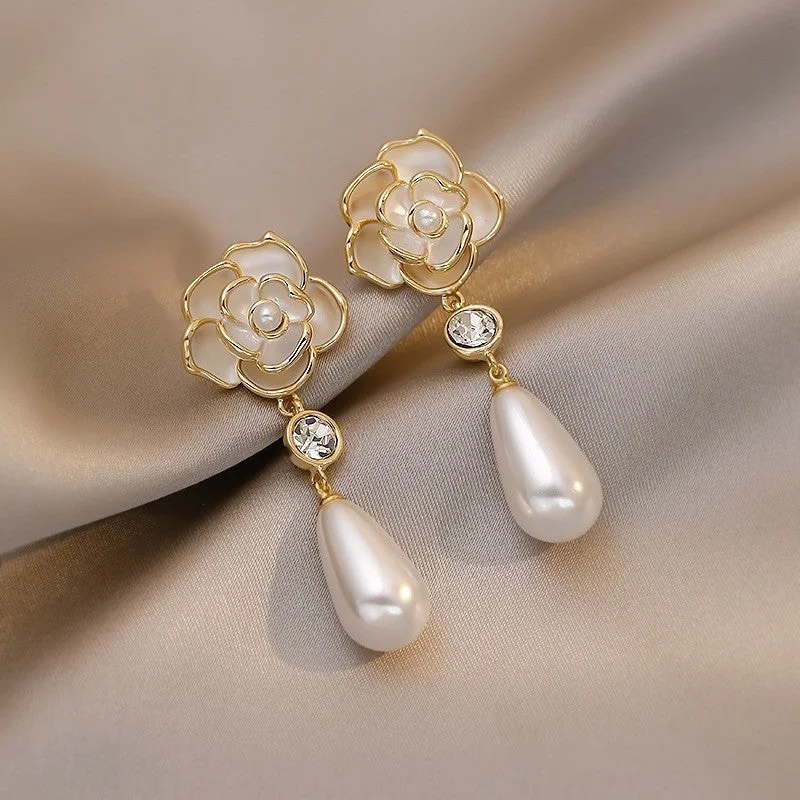 Push Back Drop Earrings for Convenience -Wholesale Silver Needle Temperament Retro Pearl Camellia Earrings