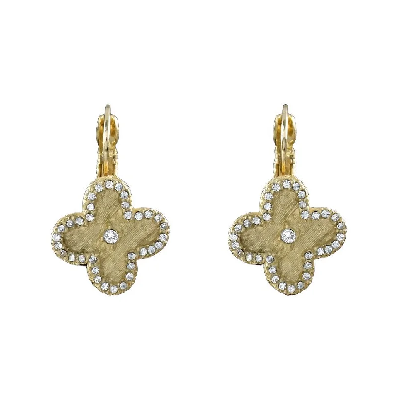 Ethnic Drop Earrings with Tribal Design -CZ Framed Brushed Gold Clover Earrings