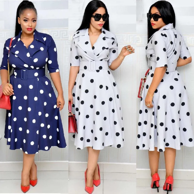 Long-sleeved Dresses for Coverage -Dress Suit Collar Dots with Belt Large Size