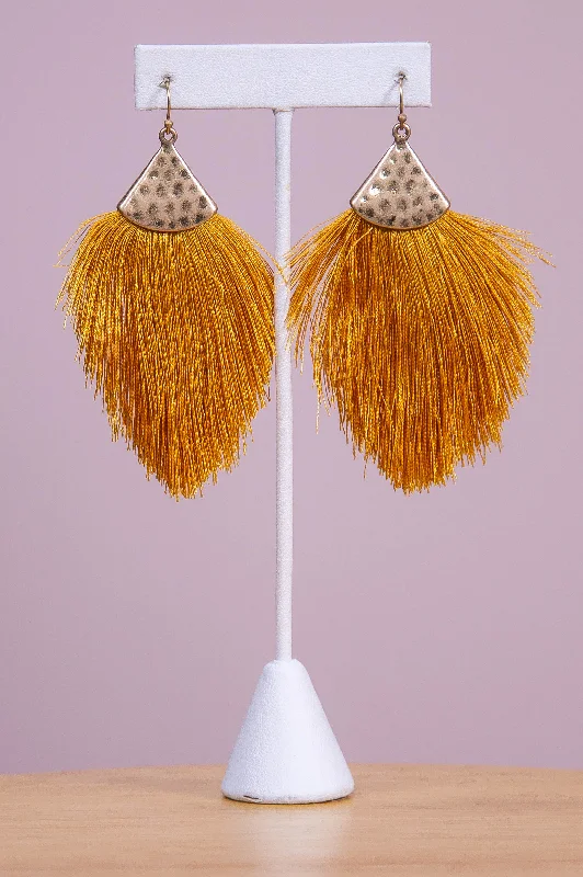 Round Drop Earrings for Classic -Marigold/Gold Hammered Fringe Tassel Earrings - EAR4356MG