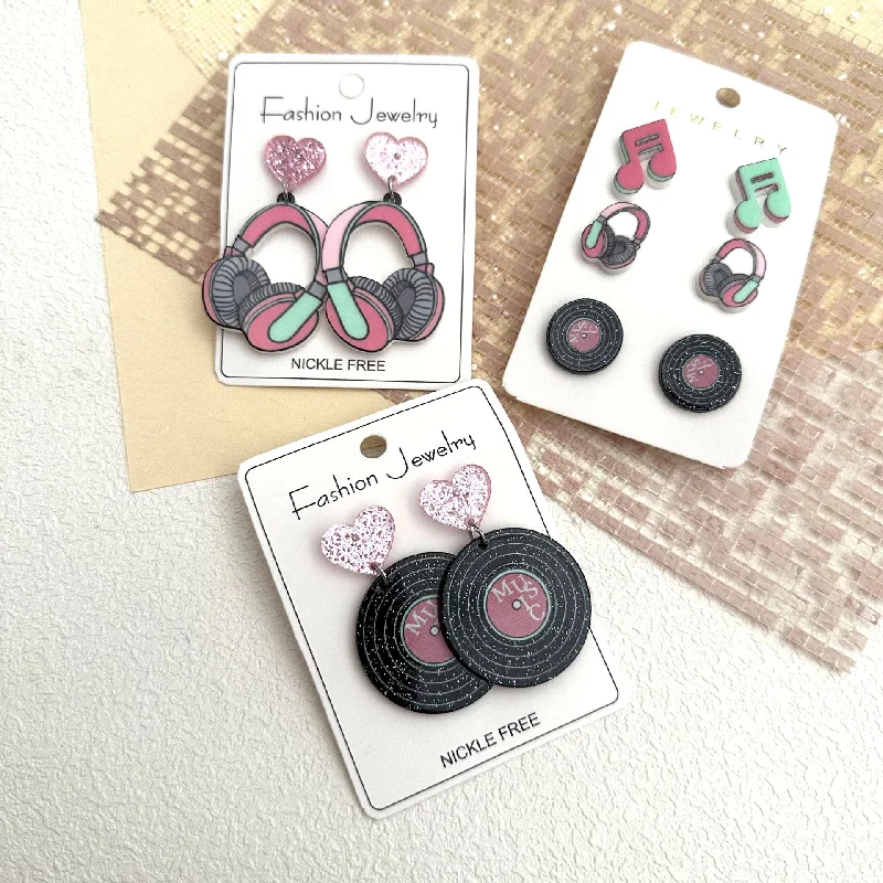 Drop Earrings for School Uniform -Wholesale Music Festival Earphone Disc Three-piece Set Music Note Acrylic Contrast Color Earrings