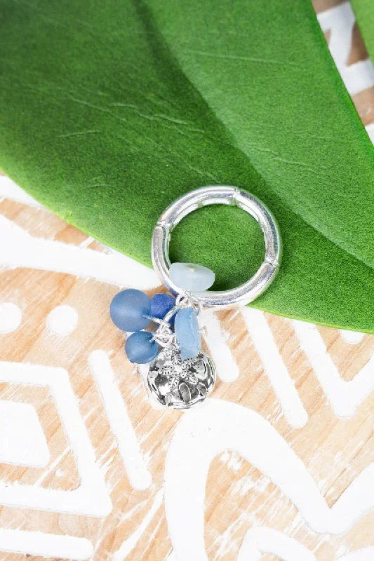 Platinum rings with sparkling sapphire center stones -SALE! Blue Sea Glass and Sand Dollar Cluster Ring