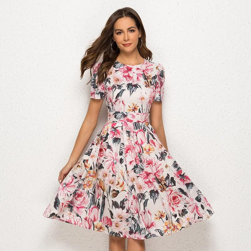 Sundress Dresses for Sunny -Short-sleeved floral print party dress