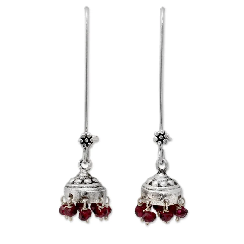 Floral Drop Earrings with Petals -Handmade Sterling Silver Bride of India Garnet Earrings (India)